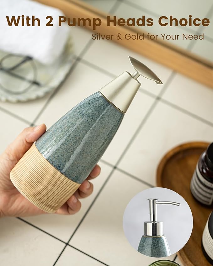 12 oz Dish Soap Dispenser with 2 Pumps, Ceramic Hand Soap Bottle for Shampoo, Body Wash, Lotion, Liquid Dispenser for Kitchen Countertop with Silicone Funnel, Ideal for Thanksgiving, Christmas, Blue