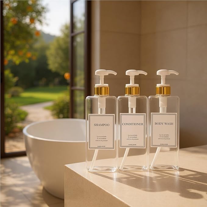 Modern Gold Design 27 oz Shampoo and Conditioner Dispensers - Plastic Refillable Pump Bottle Set for Bathroom Shower Soap Dispenser, Gift Box Included, Set of 3 (Clear & White)