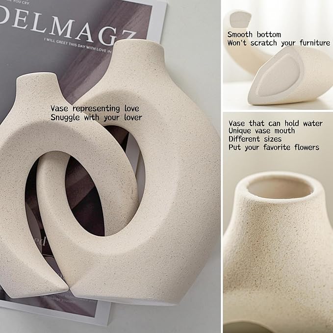 Snuggle Hollow Ceramic Vase Set of 2 for Coffee Table Decor, Donut Decorative Vases for Boho Modern Table Centerpieces Home Living Room Entryway Table Shelves Decoration (Beige W 6.3" X H 8.4")