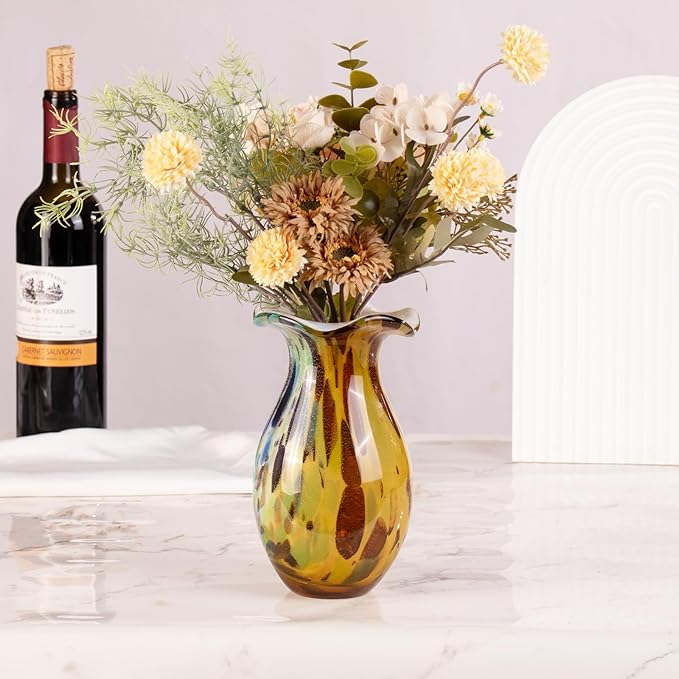KAMMAK Colored Glass Vase, Beautiful Hand Blown Decorative Vase, Modern Art Vase for Flower Mantle Dining Table Centerpiece, Entryway Living Room Wedding Decoration, FH008