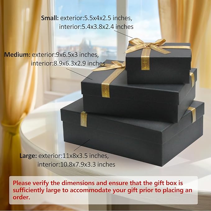 Airuisike Black Gift Boxes with Gold Ribbons & Bows - (3 Sizes) Sturdy Gift Boxes with Lids for Presents - Elegant Gift Wrapping Boxes for Gift Wrapping
