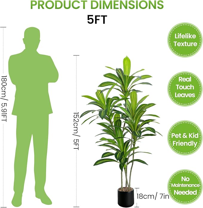 5FT Artificial Dracaena Tree, Faux Dracaena Plant with Stones in Black Round Planter, Tall Fake Floor Plant for Indoor Home Office Living Room Decor