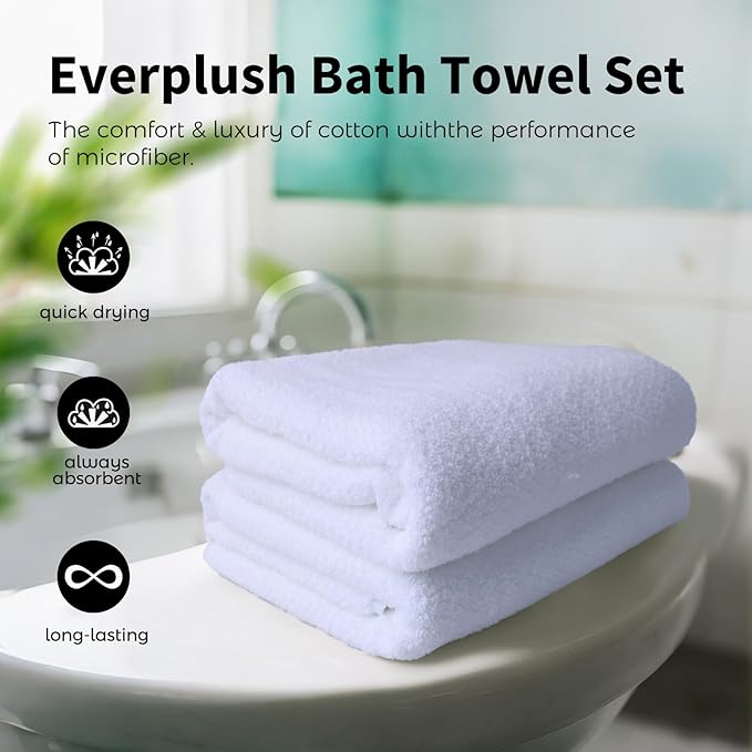 Everplush Diamond Collection Oversized Bath Towel – 2 Pieces, Super Soft & Highly Absorbent, Quick-Drying & Extra Large Perfect for Bathroom, Pool, Swimming Use(White, 30" x 56" 2PK)