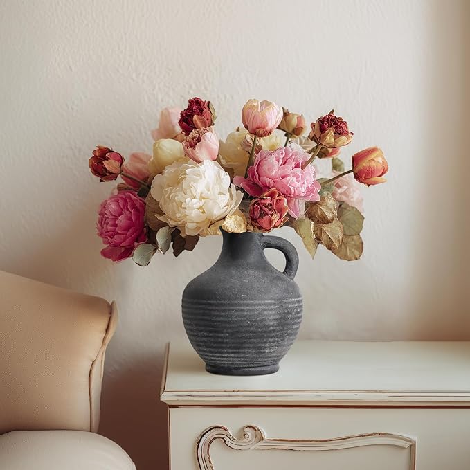 Black Ceramic Vase, Rustic Farmhouse Vase with Handle, 6 inch Terracotta Clay Small Vases, Centerpieces for Dining Table, Living Room, Bedroom, Entryway, Shelf Decor