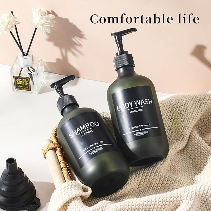 Shower Bottles Refillable with Labels(5Pack Green),Plastic Shampoo Bottles with Pump,Bathroom Bottles with Pump and Labels,Shampoo and Conditioner Bottles