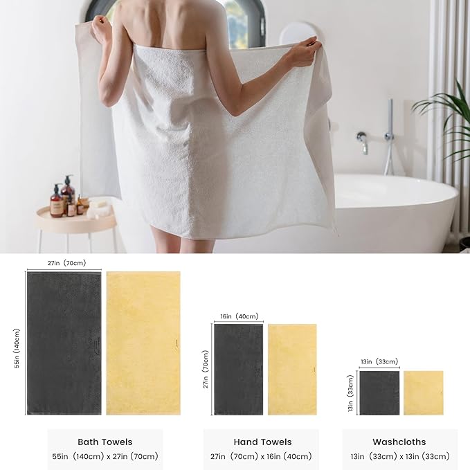 SEMAXE 12-Piece Mixed Color Towel Set (Yellow, Grey) - 100% Cotton, Lightweight, Absorbent, Quick-Drying Bathroom Towel, Ideal for Couples and Gifts, Bath Towel, Hand Towel, and Washcloth Per Color