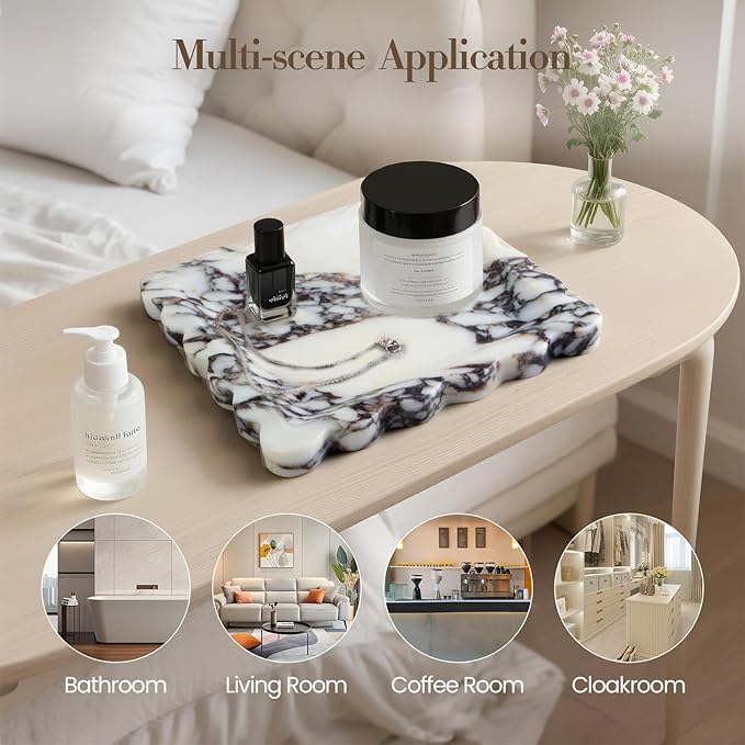 Calacatta Viola Natural Marble Tray, Scalloped Storage Dish, Luxury Decorative Trays for Bathroom, Vanity, Dresser, Kitchen & Home Decor, House Warming Gifts New Home (Square,8 Inch)