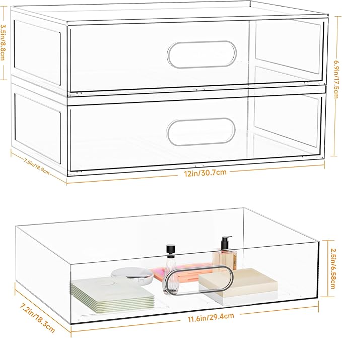 2 Pack Clear Makeup Storage Drawer, 12.1''W Stackable Bathroom Organizers and Storage Drawer, Acrylic Cosmetic Display Case For Vanity, Undersink, Cabinets, Desk Organizer