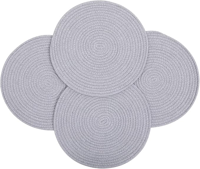 4 Pack Woven Placemats, 13.8 inches Round Plate Chargers Grey Thick Placemat Set Cotton Rope Braided Tablemats Rattan Mats Rustic Weave Placemats for Table Decoration
