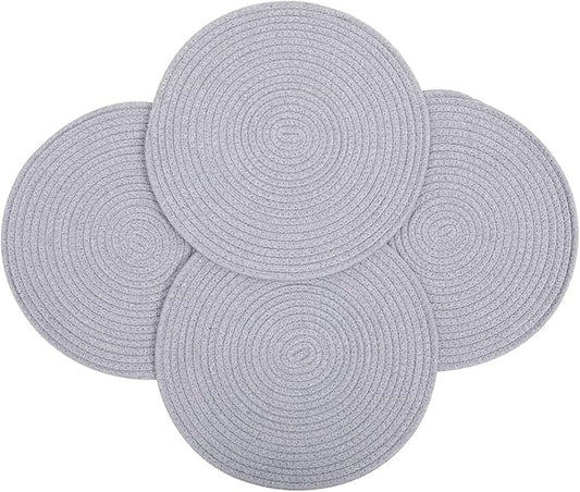 4 Pack Woven Placemats, 13.8 inches Round Plate Chargers Grey Thick Placemat Set Cotton Rope Braided Tablemats Rattan Mats Rustic Weave Placemats for Table Decoration