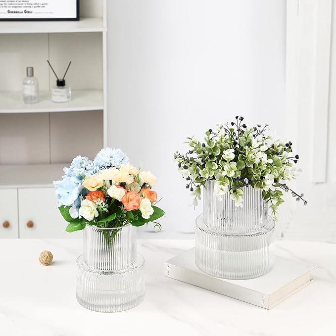 Ribbed Glass Vases for Bouquet, Set of 2 Fluted Vases for Flowers, Clear Vase for Tulips, Modern Glass Vase for Living Room, Office, Coffe Table, Dining Table, Shelf, Wedding