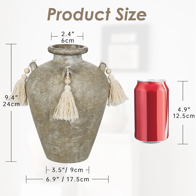9.4" Large Ceramic Vase for Centerpieces - Rustic Farmhouse Vase with 4 Ears & Tassels, Terracotta Vintage Flower Vases for Tabletop, Desk, Living Room, Bedroom, Entryway, Holiday & Weddings Decor