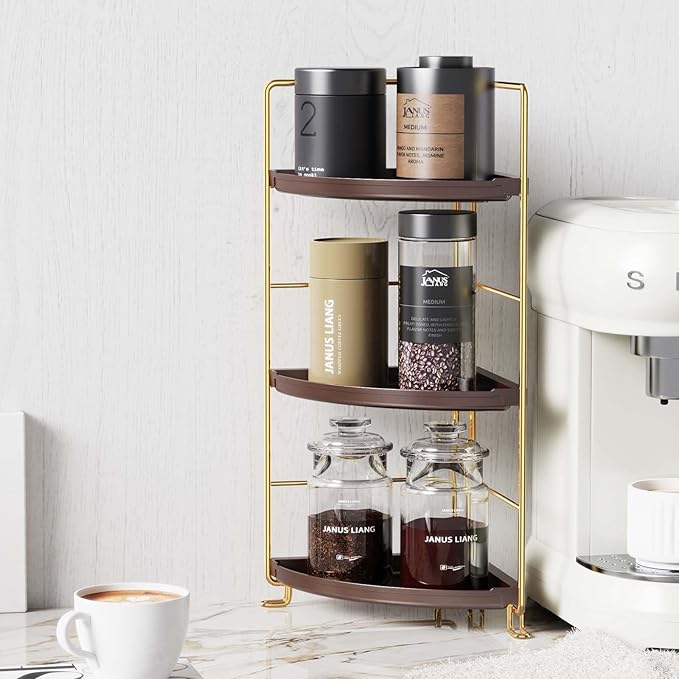 3-Tier Corner Bathroom Organizer Countertop for Storage，Counter Tray and Vanity Organizer，Plastic Counter Organizer for Kitchen, Bathroom, Dresser 10.6 inches (Gold Brown)