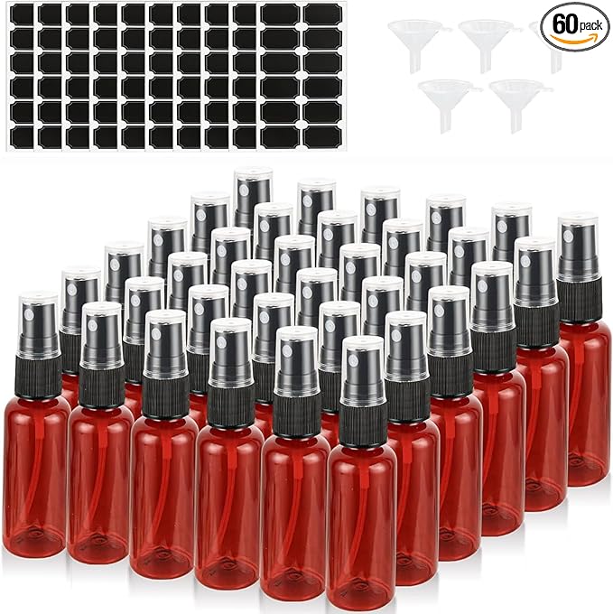 60PCS 2 oz Plastic Amber Spray Bottle, Empty Small Amber Spray Bottle with Sticker and Funnel, Refillable Mini Mister Spray Bottles for Essential Oils, Bath & Cleaning