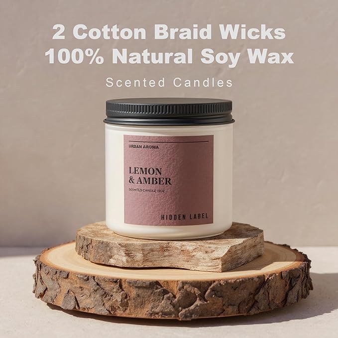 Hidden Label Lemon Amber Scented Candle, 12oz 2 Wick Natural Soy Non Toxic Candles, Clean Burning Long Lasting Aromatherapy for Home | Gifts | Décor,Premium Scents for Relaxation & Stress Relief
