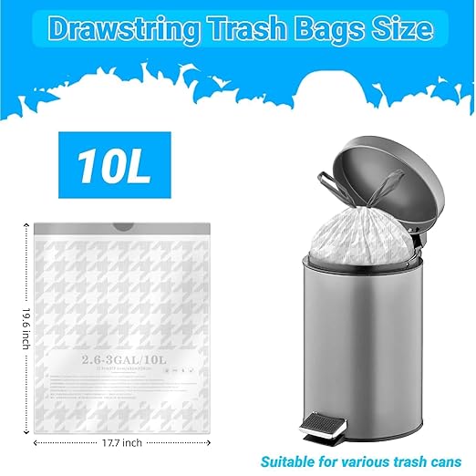 OKKEAI 2.6 Gallon Trash Bags White Drawstring Small Bathroom Garbage Bags – 90 Count Tear-Free, Heavy Duty Printed Liners, Leak-Proof White Trash Bag for Kitchen, Office, Multipurpose Use