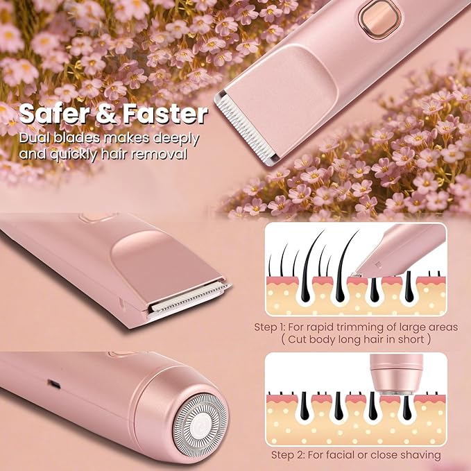 Bikini Trimmer for Women 2-in-1 Electric Razors for Pubic Hair Painless Wet & Dry Use Dual Head Electric Shaver for Women Support 60 Minutes Runtime for Facial Hair Removal & Body & Intimate Areas