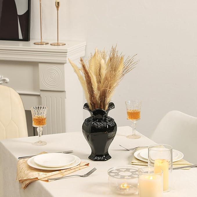 Black Ceramic Vase, Decorative Vase for Modern Home Decor, Farmhouse Minimalist Decor, Boho Flower Vases for Living Room, Bedroom, Kitchen, Dining Table, Office, Wedding, 8.5 Inches