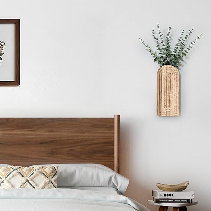 Wooden Wall Planter Vase Set of 2, Boho Hanging Planter for Indoor Plants & Flowers, Natural Wood Wall-Mounted Planters for Art Home Decor - Living Room, Bedroom, Bathroom, Patio (Natural Wood)