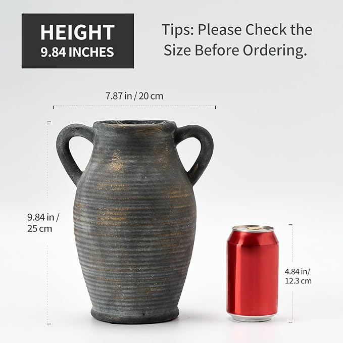 Large Ceramic Rustic Vase with 2 Handles, 9.8 inch Farmhouse Flower Vase, Minimalist for Home Decor, Living Room, Shelf Decor, Pampas Grass, Enterway, Table Decoration, Gift, Bronze