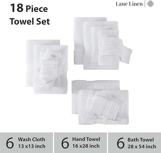 LANE LINEN Towel Set of 18 – 100% Ring-Spun Cotton, Zero Twist, 6 Large Bath Towel, 6 Hand Towels & 6 Wash Cloths, Quick Dry & Long-Lasting, Perfect for Family Bathrooms, Easy Care – White Towels