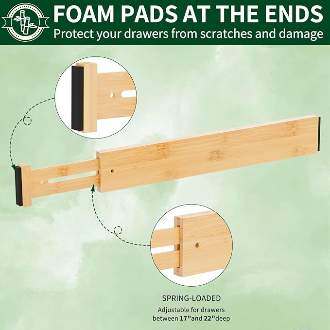 6 Pack Bamboo Drawer Dividers 2.6" High,17-22" Adjustable Spring Loaded Clothes Drawer Organizers for Kitchen, Dresser, Bathroom, Bedroom and Office