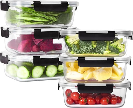 6 Pack 36 OZ Glass Food Storage Containers with Lids, Glass Meal Prep Containers set, Airtight Lunch Containers with Lids, Microwave, Oven, Freezer and Dishwasher Safe
