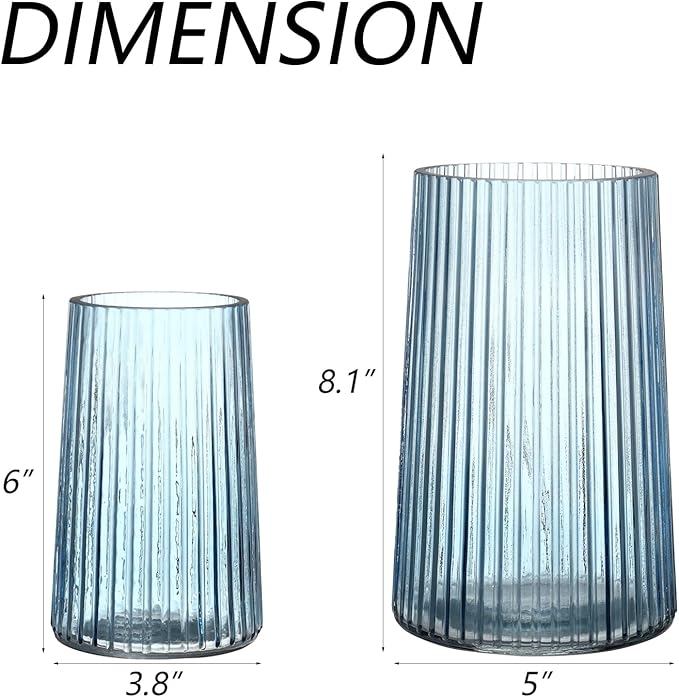 Ribbed Flower Vases Set of 2, Blue Vases for Flowers, Flower Vase for Bouquet, Modern Ribbed Glass Vase for Living Room, Bedroom, Dining Table, Office, Wedding, Centerpieces