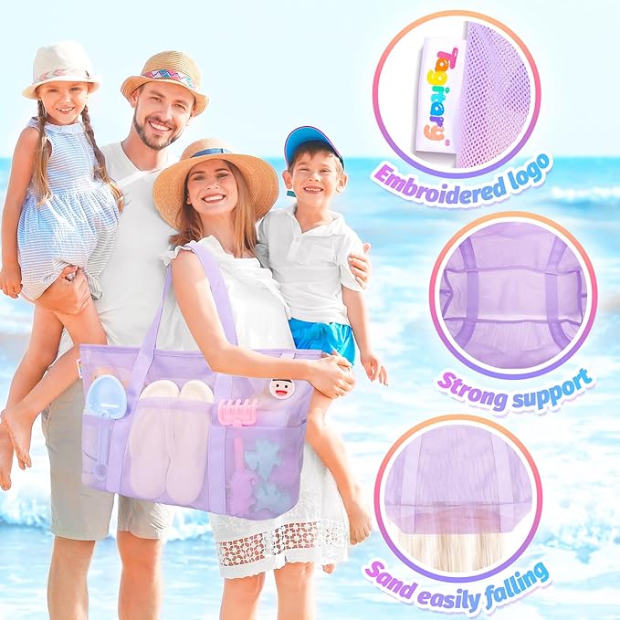 Tagitary Mesh Beach Bag with Zipper Large Beach Tote Waterproof Sandproof with 8 Pockets for Toys Pool Bag Beach Accessories