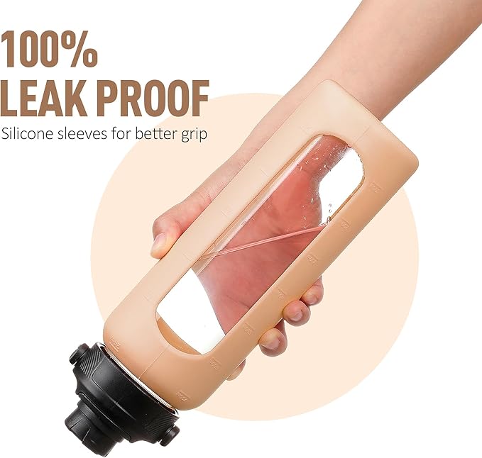 24oz Glass Water Bottle with Straw and 2 Lids-Bamboo and Spout Lid, Borosilicate Glass Water Bottle with Silicone Sleeve and Time Marker,BPA Free & Cupholder Friendly,Amber