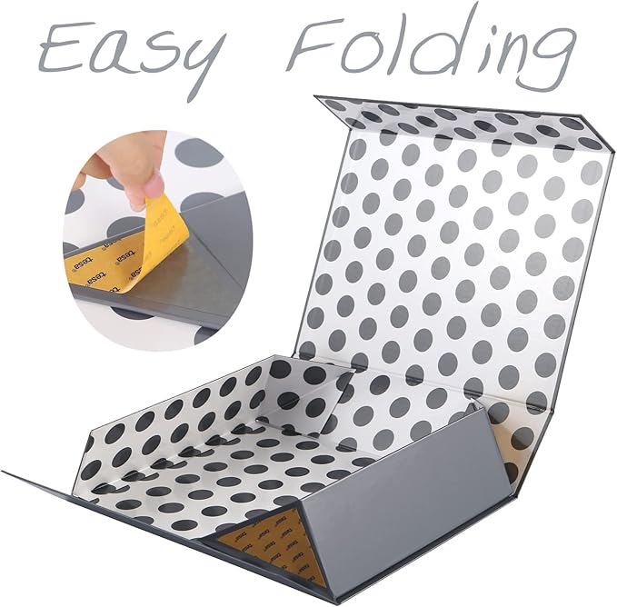 GREEN BEAN Gift Box 13x9.7x3.4 Inches, Large Grey Gift Box with Lid for Presents, Magnetic Gift Boex for Clothes (Glossy Metallic Grey, Dot Design Inside)