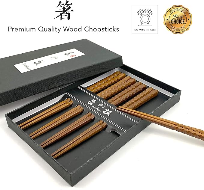 JapanBargain 4516, Hardwood Reusable Chopsticks Japanese Chinese Korean Wood Chop Sticks Hair Sticks 5 Pair Gift Boxed Set Dishwasher Safe, 9 inch, Natural