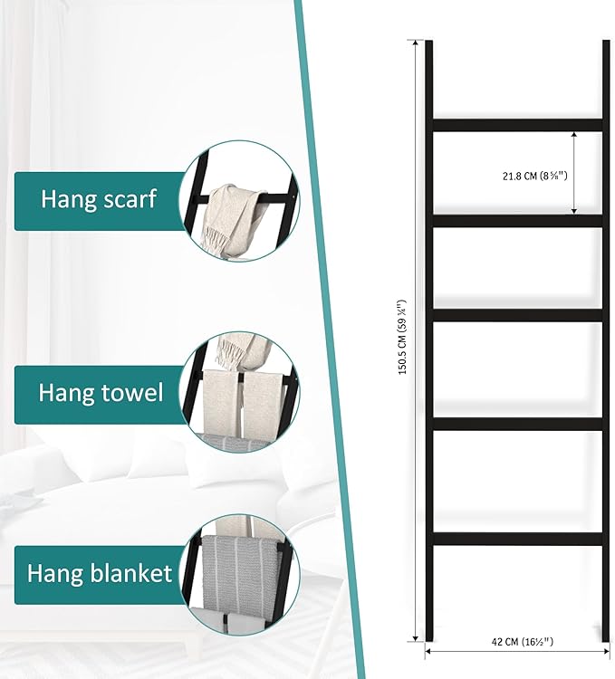 Blanket Ladder, Bamboo 5-Layer Towel Racks, Blanket Quilt Towel Holder Rack Decorative Ladder, Easy Assembly, Rustic Farmhouse Ladder Shelf for Living Room, Bedroom, Bathroom, Home Decor, Black