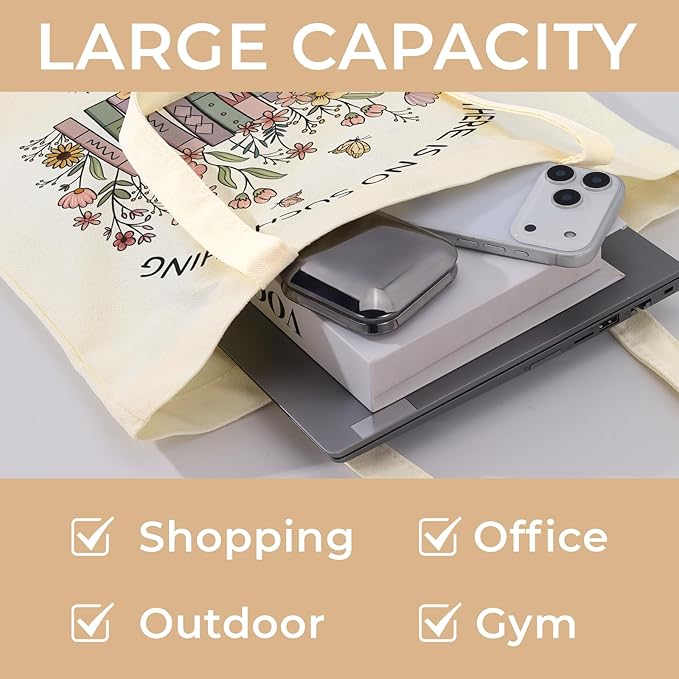 Cute Aesthetic Canvas Tote Bag for Women, Reusable Foldable Shopping Cotton Shoulder Totebag with Zipper Pocket