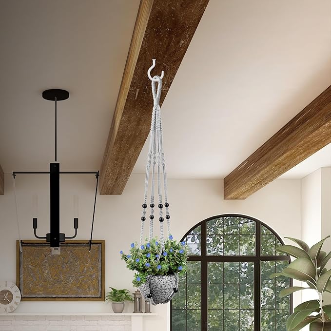 Macrame Plant Hanger for 5 to 10 Inch Plant Pots, Set of 2 Indoor Handmade 35 Inch Woven Rope Hanger Kits with Hooks and Wood Beads, Hanging Planter Basket Holder for Boho Home Decor (White, 2 Pack)