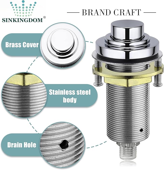 SinkTop Air Switch Kit with Chrome Long Button (Full Brass) for Garbage Disposal, Single Outlet