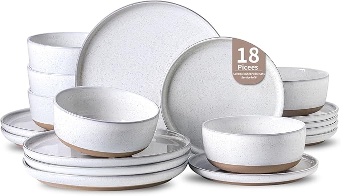 HASENSE Plates and Bowls Sets, 18 Pieces Porcelain Dishes Sets Service for 6, Stoneware Dinnerware Sets with Speckled Pattern, Scratch Resistant Microwave and Dishwasher Safe, Bluish White