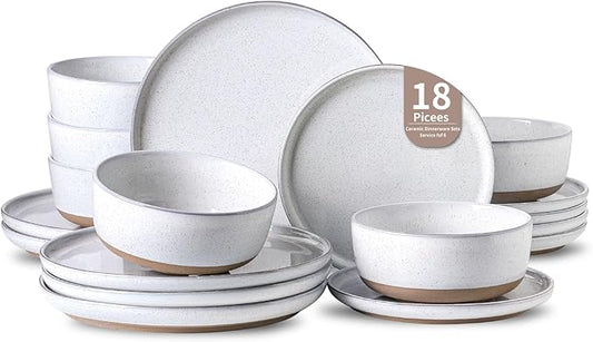 HASENSE Plates and Bowls Sets, 18 Pieces Porcelain Dishes Sets Service for 6, Stoneware Dinnerware Sets with Speckled Pattern, Scratch Resistant Microwave and Dishwasher Safe, Bluish White
