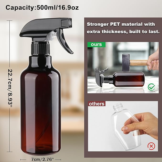 Spray Bottles 16.9oz Plastic Spray Bottle for Hair Mist/Stream Heavy Duty Empty Spray Bottles for Cleaning Solutions, Plants (16.9oz-Brown)