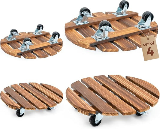Bamworld Plant Stand with Wheels Plant Caddy Outdoor 4 Pack 12in Rolling Planter Caddy with Swiveling and Lockable Caster for Indoor Patio Plant Dolly Wood Wheeled Mobile Roller