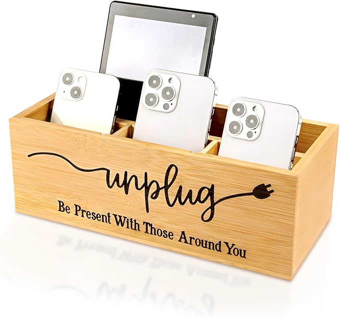 Bamboo Wood Phone Box – Unplug from Phones, Tablets, and Electronics for Study, Meetings, and Family Time, Phone Holder Organizer with Charging Holes, Farmhouse Style, Holds Up to 18 Phones-Wood