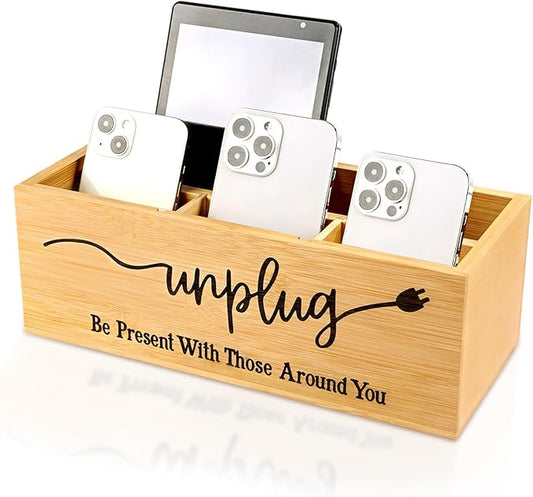 Bamboo Wood Phone Box – Unplug from Phones, Tablets, and Electronics for Study, Meetings, and Family Time, Phone Holder Organizer with Charging Holes, Farmhouse Style, Holds Up to 18 Phones-Wood