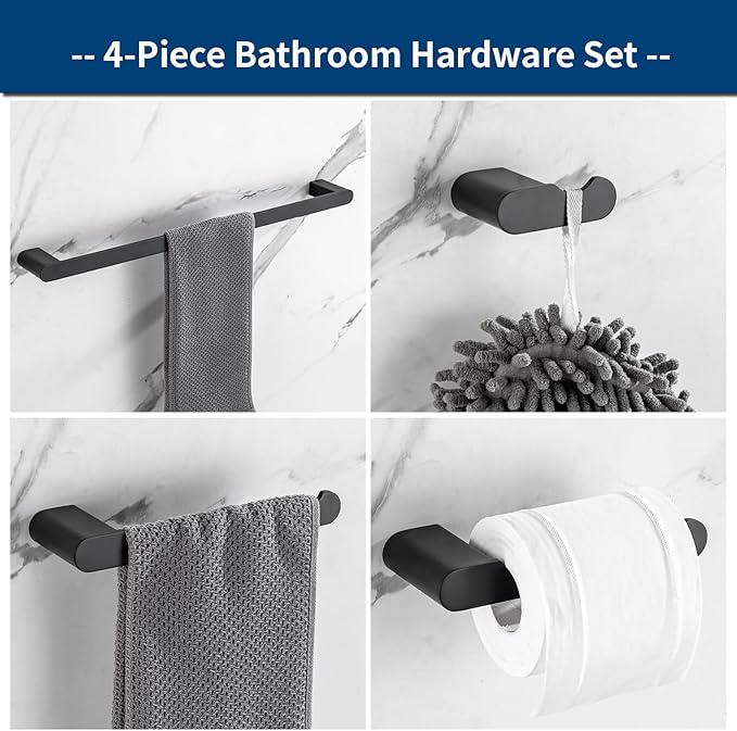 Bathroom Hardware Set, 4-Piece Towel Rack Towel Bar Towel Holder Toilet Paper Holder Towel Hooks Wall Mounted Bath Towel Bars Matte Black Stainless Steel Bathroom Accessories Set, 23 inch