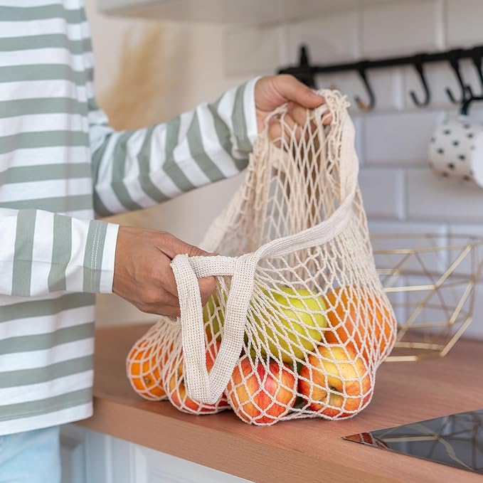 Zyzhogar 3 Pack Cotton Mesh Grocery Bags,Reusable Grocery Net Bags Washable Fruit and Vegetable Storage Bag Long Handle Net Tote Shopping Bags for Farmers Market, Grocery,Shoping or Trip,Beige