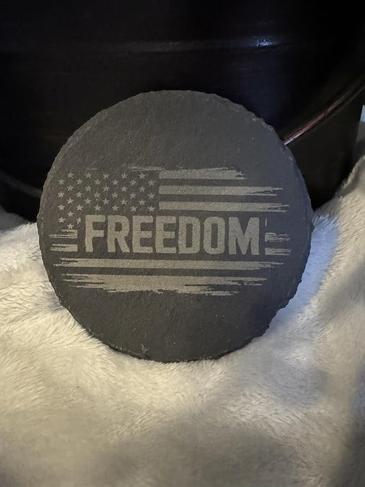 Freedom Natural Slate Coaster with American Flag Design, Black Stone, Patriotic Home Decor, Rustic Drink Holder Set of 4