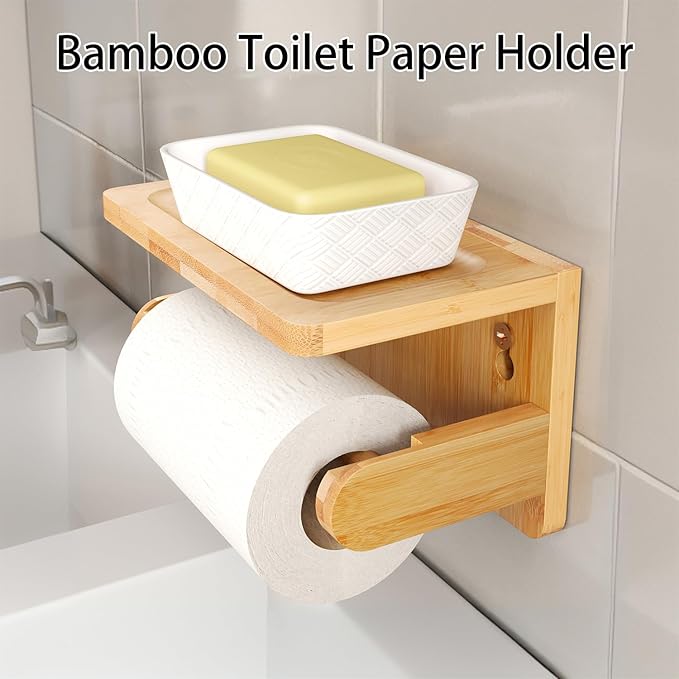 Drill-Free Toilet Paper Holder with Phone Shelf Bamboo Wall-Mounted, No-Drill & Drillable, Bathroom Storage Organizer, Space Saver Tissue Roll Rack for Bathroom, Kitchen, Home Decor (Natural)