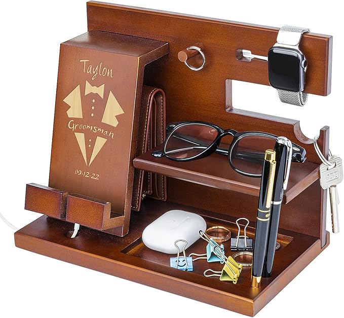 awofer Custom Groomsmen Gifts Personalized Wood Phone Docking Station Best Engraved Groomsmen Proposal Gift Wooden Wedding Gifts For Groomsman Bachelor Party Best Man Groom Gift（Multiple Styles