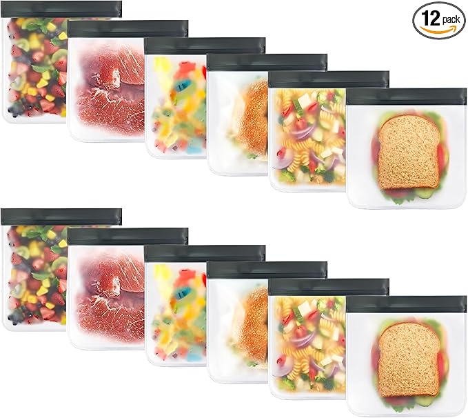 Reusable Silicone Food Bags – 12-Pack Set (Medium Sandwich Size 9x6") | BPA-Free, Leakproof, Eco-Friendly & Durable | Ideal for Meal Prep, Freezer, Lunch, Travel & Kitchen Storage