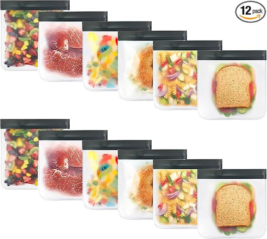 Reusable Silicone Food Bags – 12-Pack Set (Medium Sandwich Size 9x6") | BPA-Free, Leakproof, Eco-Friendly & Durable | Ideal for Meal Prep, Freezer, Lunch, Travel & Kitchen Storage