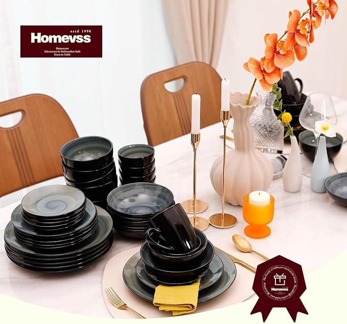 Sonoma 16 Piece Stoneware Dinner Set, Outside Black + inside Handpainted Color Blue